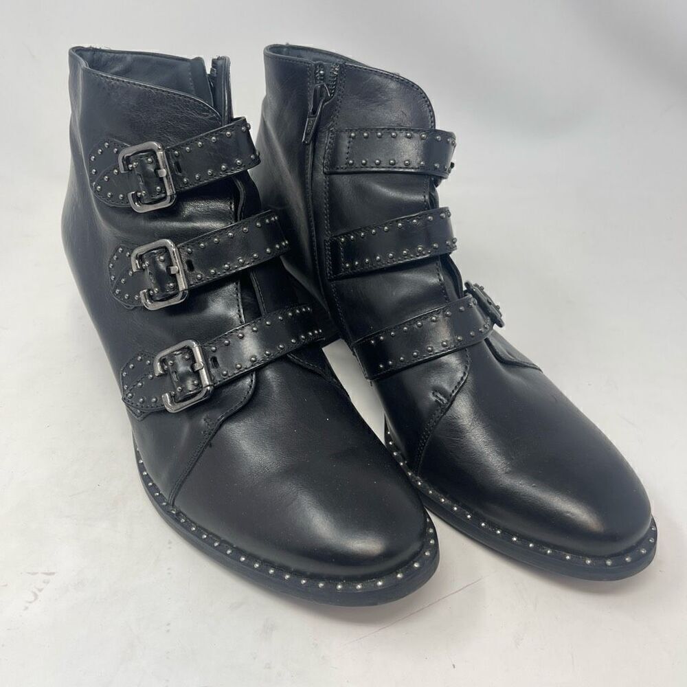 Paul Green Black Leather Soho Moto Studded Triple Strap Buckle Ankle Boots 7.5